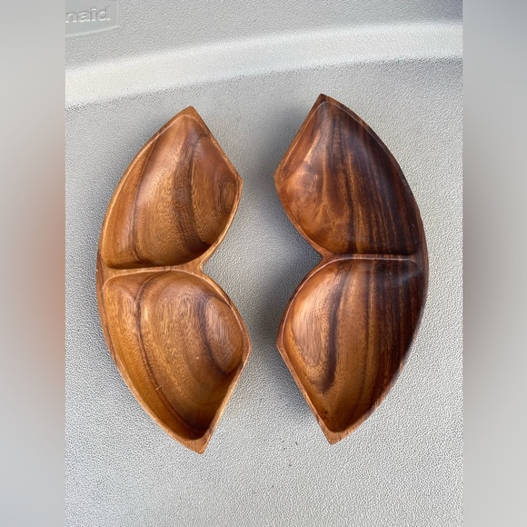 2 Vintage 2 Compartment Wooden Bowls Tray. 11.75” wide. - Picture 2 of 8